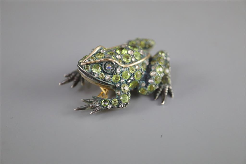 A Victorian gold and silver, peridot, diamond and moonstone encrusted brooch, modelled as a frog,